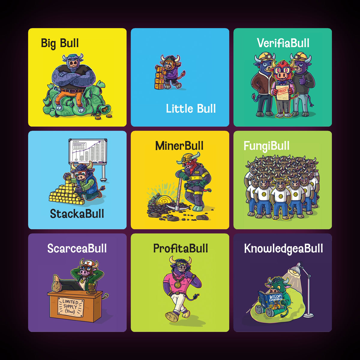 Characters from Bitcoin ExplainaBull including MinerBull, StackaBull and ScarceaBull