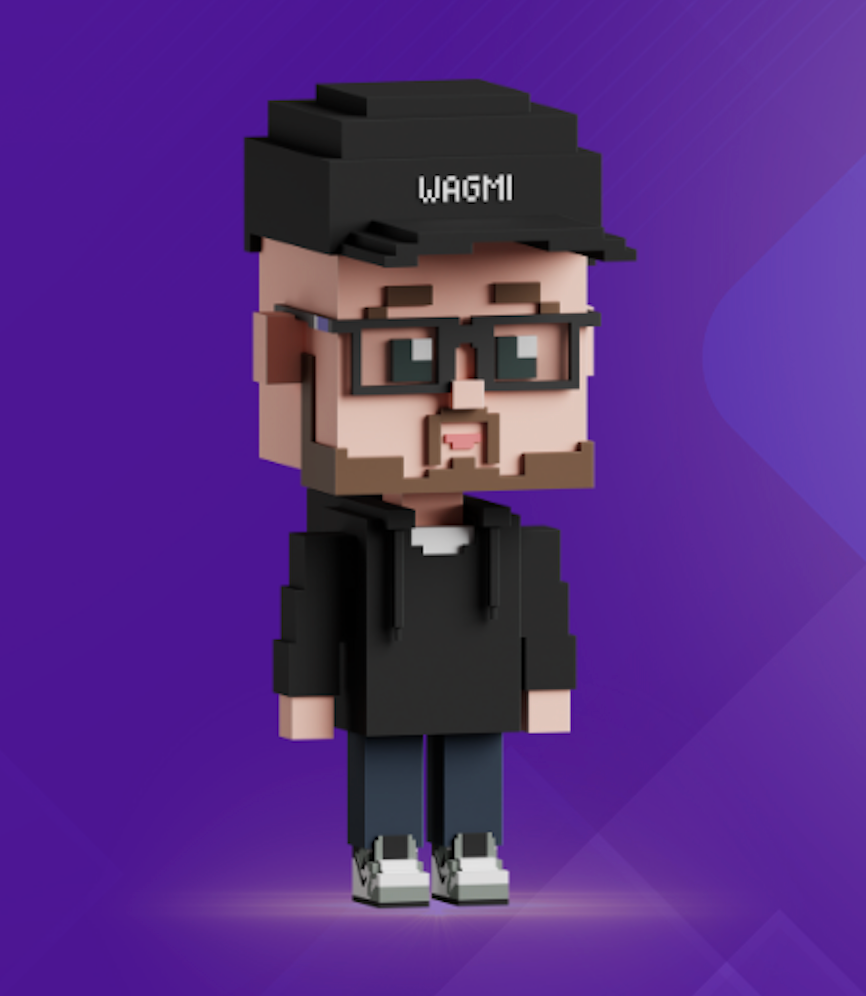 Pixel art avatar wearing a crypto WAGMI hat, representing Blockchain for Blockheads
