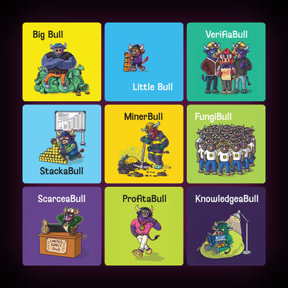 Characters from Bitcoin ExplainaBull including MinerBull, StackaBull and ScarceaBull